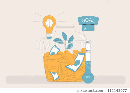 Financial achievement goal progress concept. Fundraising event. Thermometer, idea and moneybox. Financial achievement goal progress concept. Fundraising event. Thermometer, idea and moneybox. 111143977
