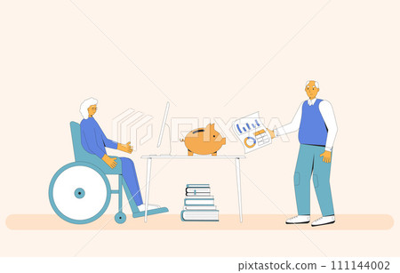Budgeting for senior. Woman in wheelchair and man talking about finance. Elderly people with money and analyze retirement savings. Vector illustration Budgeting for senior. Woman in wheelchair and man talking about finance. Elderly people with money and analyze retirement savings. Vector illustration 111144002