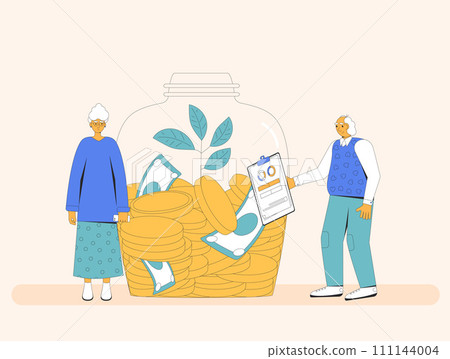 Senior couple with money. Retirement savings. Finance for elderly people. Pension plan. Moneybox for family. Older adult with investment. Financial literacy for senior. Vector flat illustration 111144004