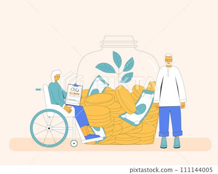 Elderly man and woman in wheelchair checking their finance. Senior couple with money. Retirement savings. Pension plan. Older adult with investment. Vector flat illustration 111144005
