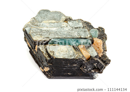 Macro aquamarine mineral stone in rock on white background Macro aquamarine mineral stone in rock on white background 111144134