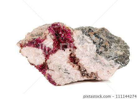Macro stone Erythrite mineral on white background 111144274