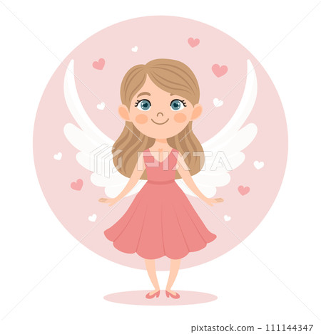Cute girl cupid character with bow and arrow, angel girl. Valentine's Day card, pastel colors. Vector illustration in flat cartoon style Cute girl cupid character with bow and arrow, angel girl. Valentine's Day card, pastel colors. Vector illustration in flat cartoon style 111144347