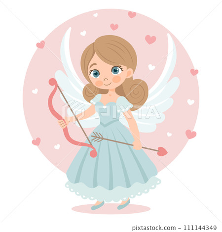 Cute girl cupid character with bow and arrow, angel girl. Valentine's Day card, pastel colors. Vector illustration in flat cartoon style 111144349