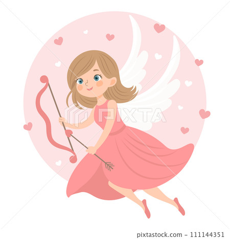 Cute girl cupid character with bow and arrow, angel girl. Valentine's Day card, pastel colors. Vector illustration in flat cartoon style Cute girl cupid character with bow and arrow, angel girl. Valentine's Day card, pastel colors. Vector illustration in flat cartoon style 111144351