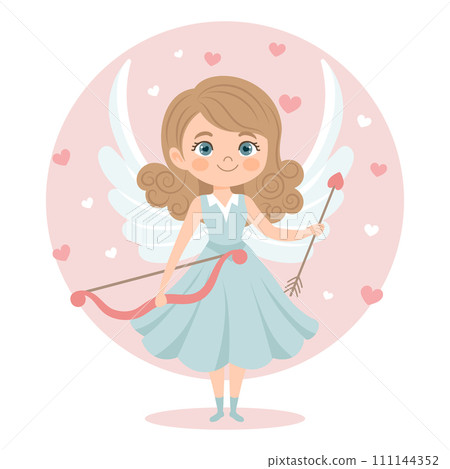 Cute girl cupid character with bow and arrow, angel girl. Valentine's Day card, pastel colors. Vector illustration in flat cartoon style Cute girl cupid character with bow and arrow, angel girl. Valentine's Day card, pastel colors. Vector illustration in flat cartoon style 111144352