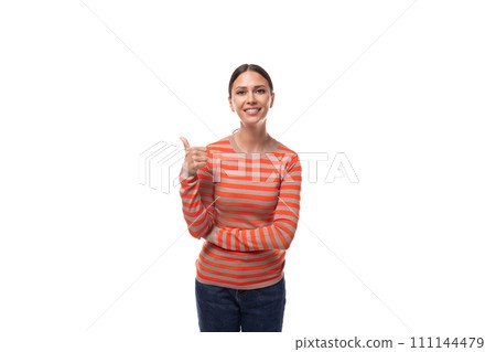young charming brunette lady dressed in a casual striped sweater smiles broadly on a white 111144479
