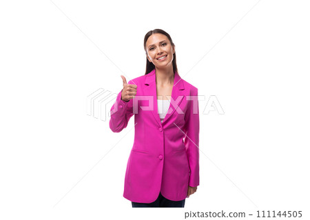 young brunette secretary woman wearing pink jacket smiling on white background with copy space 111144505