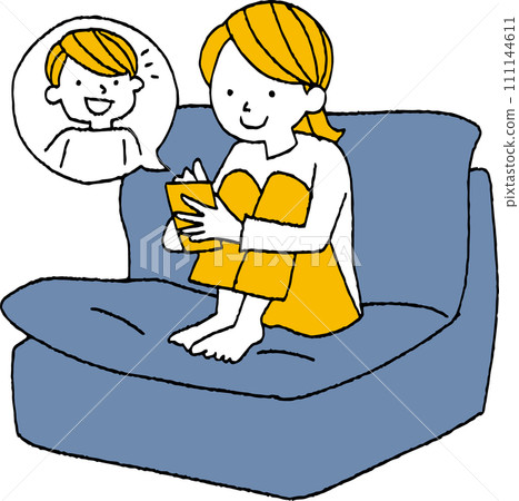 A girl happily using a smartphone on the sofa A girl happily using a smartphone on the sofa 111144611