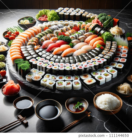 AI-generated content. Illustration of tasty lunch, dinner, appetizer. Sushi rolls set on a black plate. Best for food photography style poster, collage, design. Concept of japanese food, healthy food 111144650