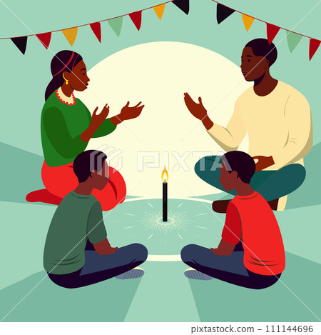 illustration of cute cartoon young couple,A family engaging in reflections and discussions, embodying the principle of self-determination Kujichagulia during Kwanzaa vector style illustration illustration of cute cartoon young couple,A family engaging in reflections and discussions, embodying the principle of self-determination Kujichagulia during Kwanzaa vector style illustration 111144696