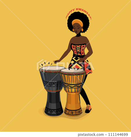 Capture the vibrant energy of a Kuumba celebration with drumming and dance, showcasing creativity and the arts as part of the Kwanzaa festivities in vector style Capture the vibrant energy of a Kuumba celebration with drumming and dance, showcasing creativity and the arts as part of the Kwanzaa festivities in vector style 111144699