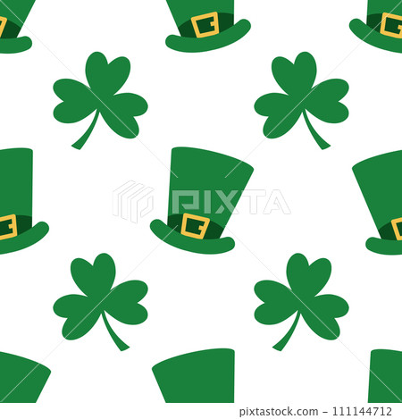 Saint Patrick's Day cute seamless pattern. An endless background with green cylinder hats and three leaf shamrock. 111144712