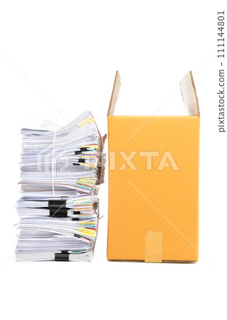 Stack of Documents and corrugated cardboard box isolated on white background. Stack of Documents and corrugated cardboard box isolated on white background. 111144801