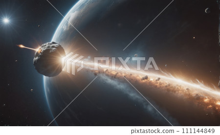 Large rock or asteroid passes through the atmosphere of planet Earth and pieces hit the Earth's surface - ai generated 111144849