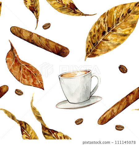 cigars and coffee with tobacco leaves drawn in watercolor, for cards, posters, clipart, pattern 111145078