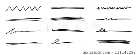Pen underline line stroke, marker scribble. Hand drawn mark, brush drawn curve, doodle sketch vector. Pen text underline, handwritten doodle elements, lettering emphasis. Vector 111145282