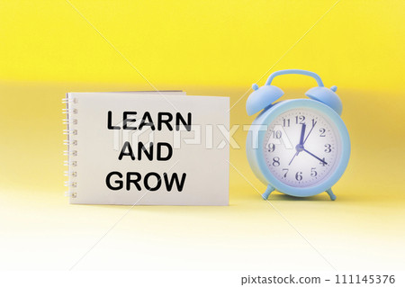 Learn and grow the symbol. Conceptual words Learn and Grow on notepad and yellow background 111145376