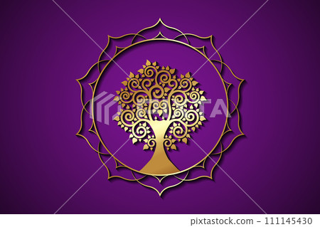 Gold Tree of Life on Sacred lotus frame border logo template. Buddhism esoteric motifs, spiritual yoga. Golden Mandala Vector isolated on purple background Gold Tree of Life on Sacred lotus frame border logo template. Buddhism esoteric motifs, spiritual yoga. Golden Mandala Vector isolated on purple background 111145430