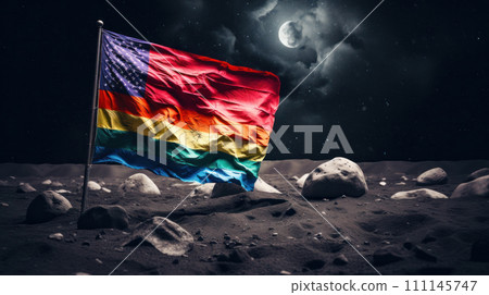 An LGBT flag fluttering in the wind stands in soil on Mars in the light of moon. Generated AI 111145747