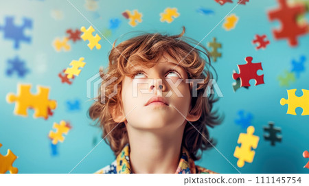 A strange bizarre shaggy child surrounded by flying colorful puzzles looks up. Generated AI 111145754