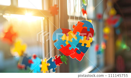 Window is decorated with colorful puzzles and bright hearts for World Autism Day. Generated AI 111145755