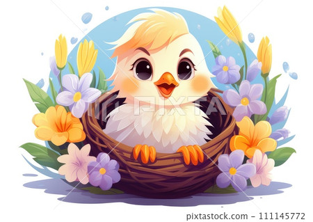 Illustration of a yellow cute chick in a nest. Flowers, spring, summer. Postcard template. AI-generated content 111145772