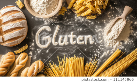 Gluten title text from flour dough on the table with flour, bread, spaghetti and other stuffs full of gluten 111145966