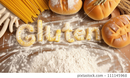 Top view of Gluten title text from pasta on the table with much flour, bread, spaghetti and other stuffs full of gluten 111145968