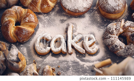 Cake title text on the table, made from sweet cream with flour, donuts, croissants, berliners and buns around 111145989