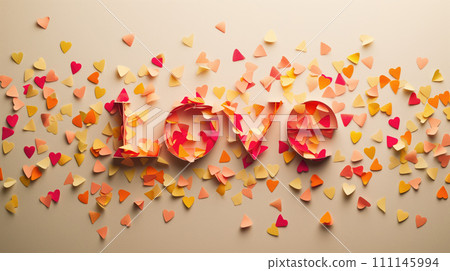 Love title text on holiday card postcard made from colored paper hearts on the table white color, view from the top 111145994
