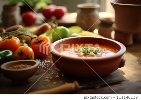 AI-generated content. Short food supply chains SFSCs concept-farmers, agriculture and solidarity purchase groups.From garden to plate.Gazpacho 111146119