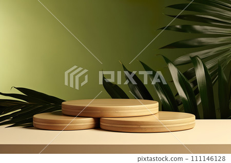 AI-generated content. Wooden podiums with copy-space for products presentation over green background with palms branches. 111146128