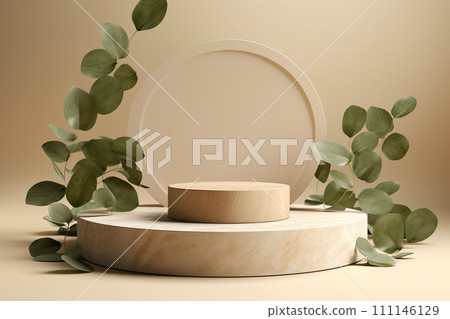 AI-generated content. Wooden podiums with copy-space for products presentation over pastel background with eucalyptus branches. 111146129