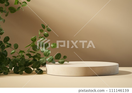 AI-generated content. Wooden podium with copy-space for products presentation over pastel background with eucalyptus branches. AI-generated content. Wooden podium with copy-space for products presentation over pastel background with eucalyptus branches. 111146139