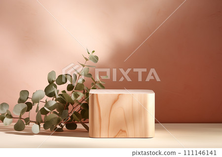 AI-generated content. Wooden cube podium with eucaliptus leaves at beige background. Scene stage showcase front view with copy space AI-generated content. Wooden cube podium with eucaliptus leaves at beige background. Scene stage showcase front view with copy space 111146141