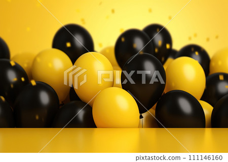 Empty tabletop with yellow and black balloons. Front view. Mock up for product presentation. Empty scene. Display, showcase. Copy space. Generative AI. 111146160