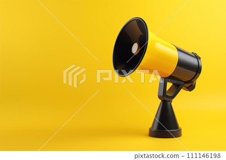 Vibrant yellow and black megaphone on a matching background, providing ample copy space, perfect for engaging advertisements, announcements, or marketing materials. Generative AI. 111146198