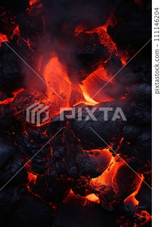 Glowing lava flows with intense heat and texture, perfect for nature documentaries, geological studies, or as a powerful metaphor in design. Vertical picture. Generative AI. 111146204