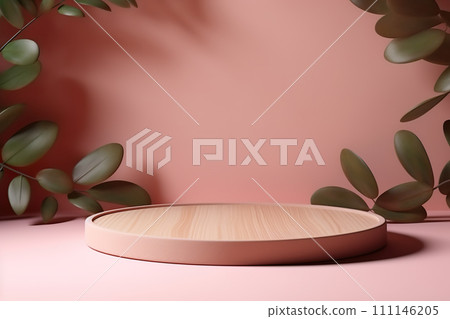 AI-generated content. Round wooden podium for products presentation over rose background with eucalyptus branches. 111146205