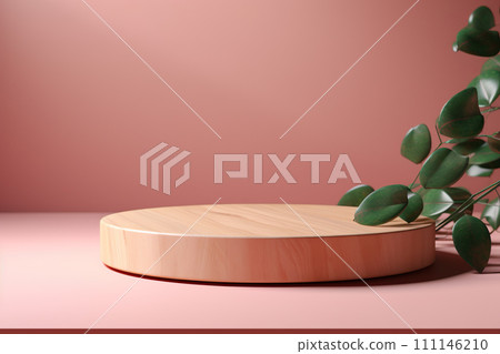 AI-generated content. Round wooden podium for products presentation on rose background with eucalyptus branches. 111146210