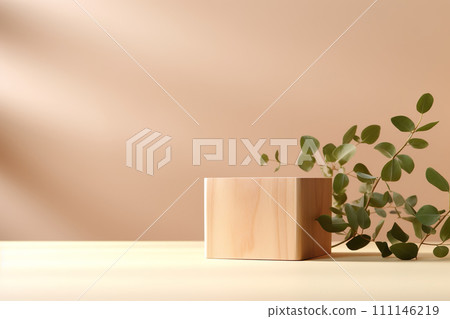 AI-generated content. Wooden cube podium with eucaliptus leaves at beige background. Front view with copy space AI-generated content. Wooden cube podium with eucaliptus leaves at beige background. Front view with copy space 111146219