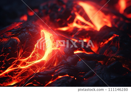 Glowing lava flows with intense heat and texture, perfect for nature documentaries, geological studies, or as a powerful metaphor in design. Generative AI. 111146280