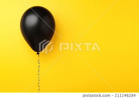 A black balloon on a bright yellow backdrop, offering a large copy space for text, perfect for minimalist sales promotions or eye-catching advertisements. Generative AI. 111146284