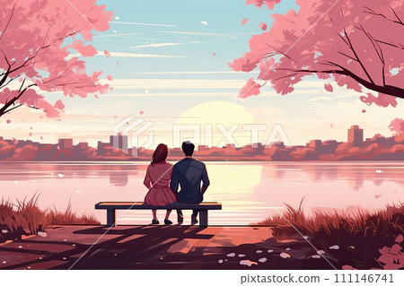 AI-generated content. romantic couple sit on bench by lake illustration AI-generated content. romantic couple sit on bench by lake illustration 111146741