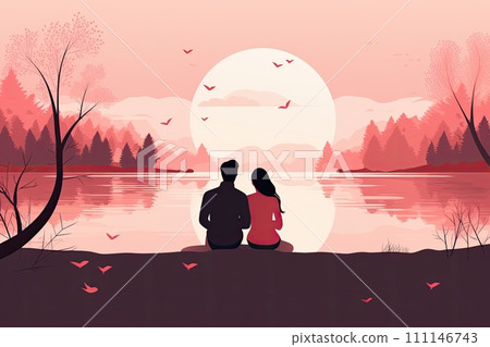 AI-generated content. romantic couple relax in park by lake illustration AI-generated content. romantic couple relax in park by lake illustration 111146743