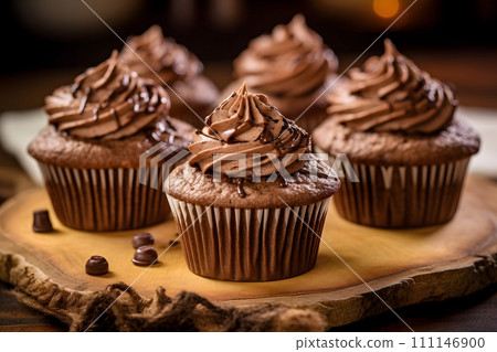 Delicious chocolate cupcakes on a wooden plate Delicious chocolate cupcakes on a wooden plate 111146900