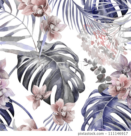 Seamless pattern with watercolor flowers in black and white shades Seamless pattern with watercolor flowers in black and white shades 111146917