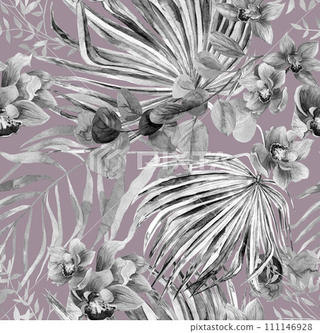 Seamless botanical monochrome black and white pattern with watercolor flowers and palm leaves. Drawing for textiles Seamless botanical monochrome black and white pattern with watercolor flowers and palm leaves. Drawing for textiles 111146928