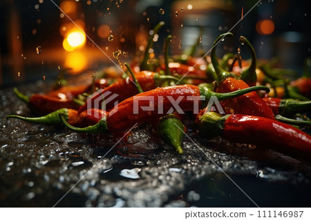 AI-generated content. Red pepper, hot, chili pepper Capsicum annuum pungent spice. The flavor tastes sharp and burning . Vitamins organica eco  111146987